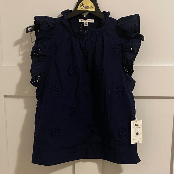 Free Assembly Tops - Elegant Navy Eyelet Blouse with Ruffle Sleeves